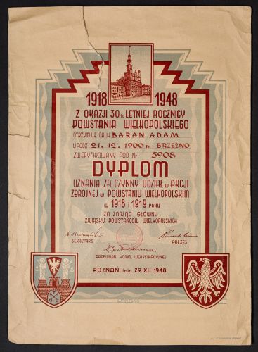 Dyplom z okazji 30. rocznicy powstania wielkopolskiego wystawiony 27 grudnia 1948 r. na nazwisko Ada